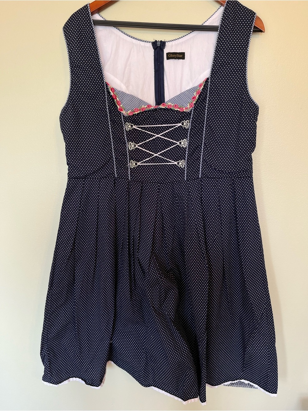 Oktoberfest GloryStar Navy Blue Polka Dot Dirndl Dress L 12-14